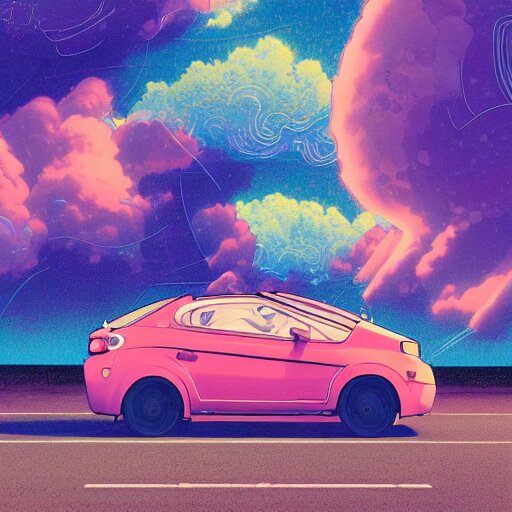 a car by inio asano, beeple and james jean, aya takano color style, 4 k, super detailed, night sky, digital art, digital painting, celestial, majestic, colorful 