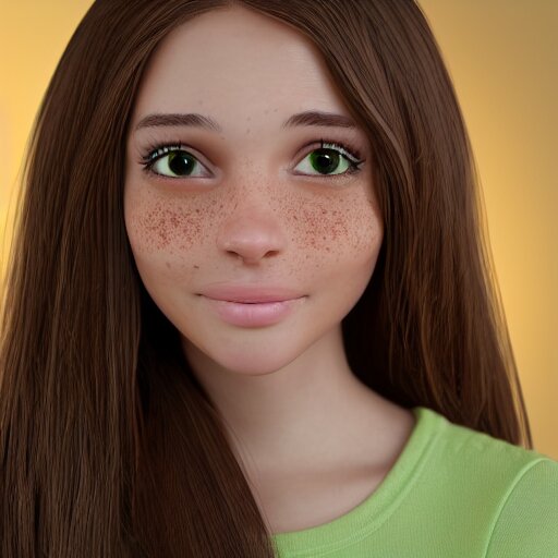 Render of April, a cute 3D young woman, long shiny bronze brown hair, full round face, green eyes, medium skin tone, light cute freckles, light blush, smiling softly, wearing casual clothing, interior lighting, cozy living room background, medium shot, mid-shot, hyperdetailed, hyperreal, trending on Artstation, Unreal Engine, 4k