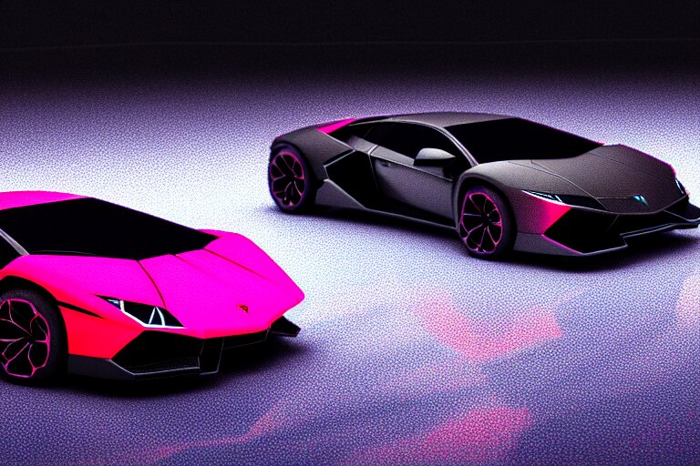 Closeup!! isometric macro photo of concept Lamborghini futuristic super car on a reflective black floor, synthwave, tron, hyper detailed, smooth, high contrast, volumetric lighting, golden ratio, octane, jim lee, giorgetto giugiaro, craig mullins, chris bangle, ian callum!, vibrant rich. Add a bright neon light behind the car