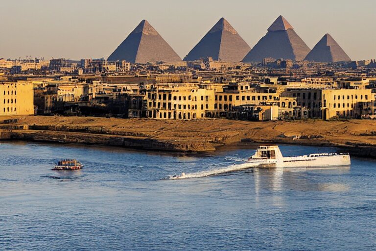 realistic photo of the river nile, with the pyramids of giza in the background, an abstract painting with the river flowing through the scene, cruise ship in the foreground, sun blazing in the sky. make it an abstract painting with the pyramids in the background