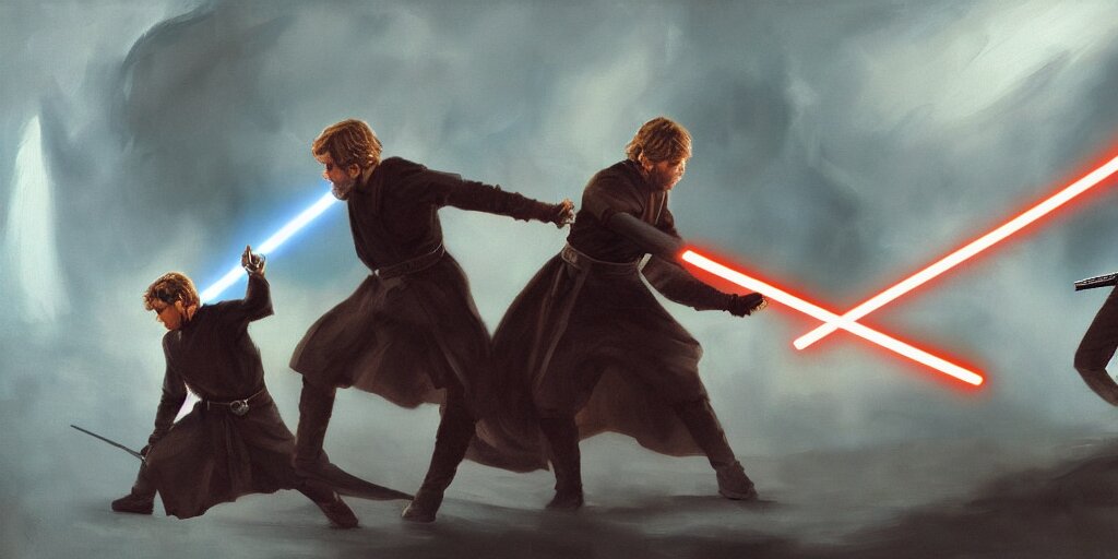 painting of anakin skywalker and obi wan kenobi duel, mustafar, deviantart, canvas painting, detailed environment, painting, art, futuristic, dark, sharp focus, smooth, environment, star wars