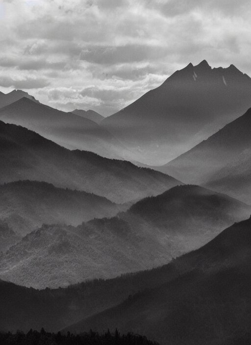 Old Lost Footage in Black and White of a Beautiful Mountain, Hyper Realistic 8K HD Photo with a Touch of Color and Softened Details. Add a touch of color and soften the details of the mountains.