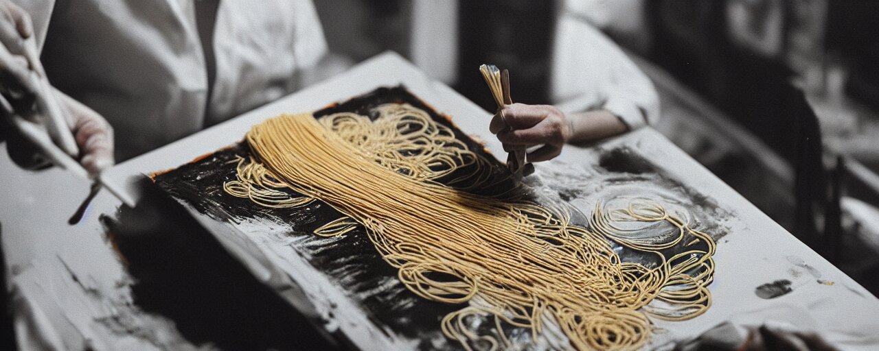 an artist painting with spaghetti on a canvas, canon 5 0 mm, cinematic lighting, photography, retro, film, kodachrome, closeup 