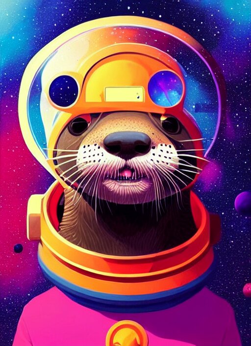 a portrait of a cute otter with a space helmet, swimming through a colorful galaxy!!!!!!!!!!!, detailed, artstation, art by rhads and miyazaki 