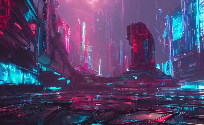 Atlantis, cyberpunk, extra detailed, digital art, trending on artstation and unreal engine, 8k, red and black tones