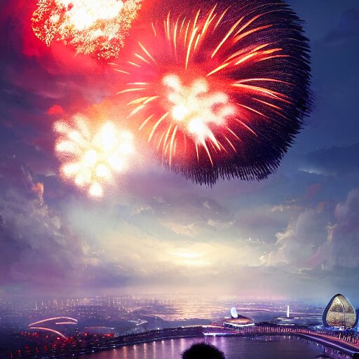 Singapore city with a lion-shaped cloud in the sky and fireworks in the background, by greg rutkowski, red and white lighting, digital art, ultra realistic, ultra detailed, photorealistic, 4k, character concept