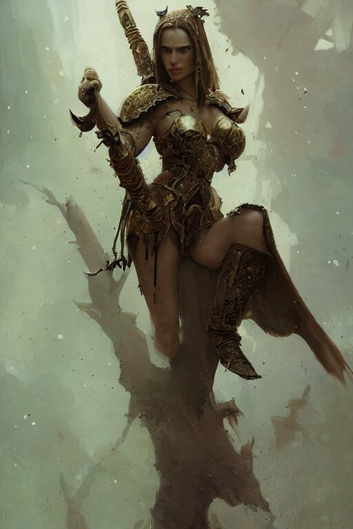 Young natalie portman, legendary warrior, heroic fighter, world of warcraft, tattoos, decorative ornaments, battle armor, by carl spitzweg, ismail inceoglu, vdragan bibin, hans thoma, greg rutkowski, alexandros pyromallis, perfect face, detailed, sharply detailed, centered, rule of thirds, realistic shading