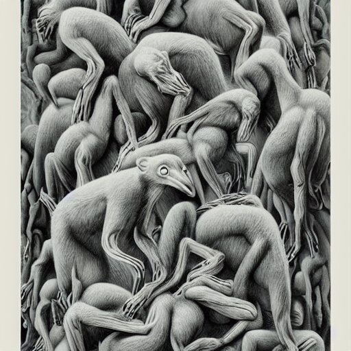 by roa abstract illusionism. a beautiful photograph of a group of creatures that looks like a mix of different animals. most of the creatures have human - like features, such as arms & legs, & some are standing upright while others are crawling or flying. 