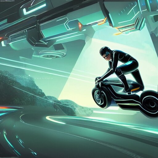 James Bond riding his Tron motorcycle, bokeh, sci-fi cinematic art by Artgerm and beeple and WLOP
