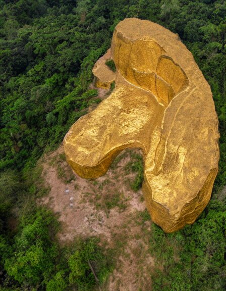 aerial view of a 110 millions year old massive gold sculpture covered by the jungle