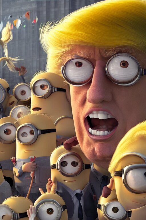 trump as a minion, blond hair, riot background oil on canvas, intricate, portrait, 8 k highly professionally detailed, hdr, cgsociety