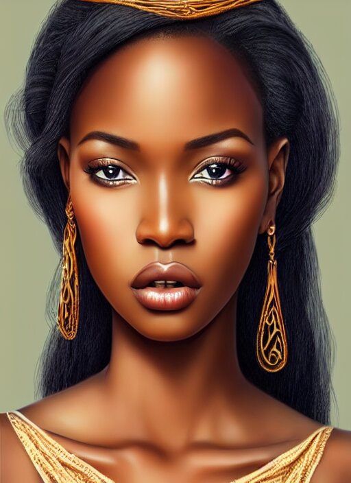 a gorgeous african female photo, professionally retouched, soft lighting, realistic, smooth face, full body shot, torso, dress, perfect eyes, sharp focus on eyes, 8 k, high definition, insanely detailed, intricate, elegant, art by artgerm and jason chan