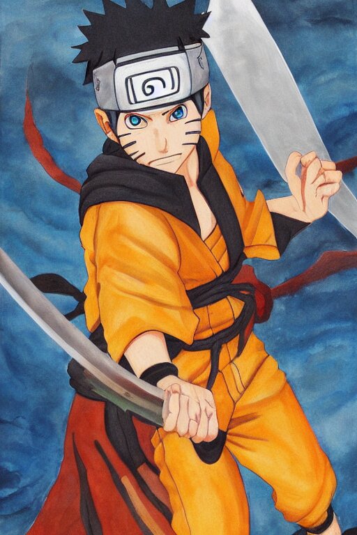 naruto holding a paint brush and wielding a sword. turn the sword into a paint brush