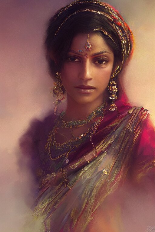 Indian Princess, more beautiful, close up portrait, intricate, elegant, volumetric lighting, scenery, digital painting, highly detailed, artstation, sharp focus, illustration, concept art, ruan jia, steve mccurry. make her more beautiful