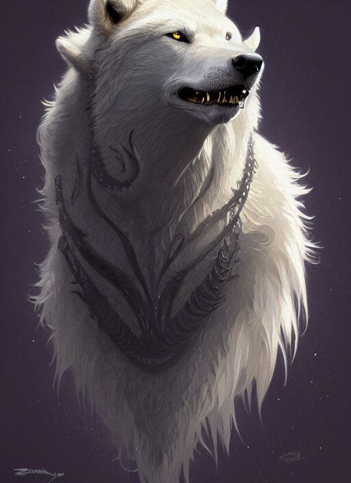 Anthropomorphic Dire Wolf Berserker, Intricate, Elegant, Highly Detailed Animal Monster, Digital Painting, Artstation, Concept Art, Smooth, Sharp Focus, Illustration, Art by Artgerm and Greg Rutkowski and Alphonse Mucha, 8K. darken the wolf's fur and make the eyes red