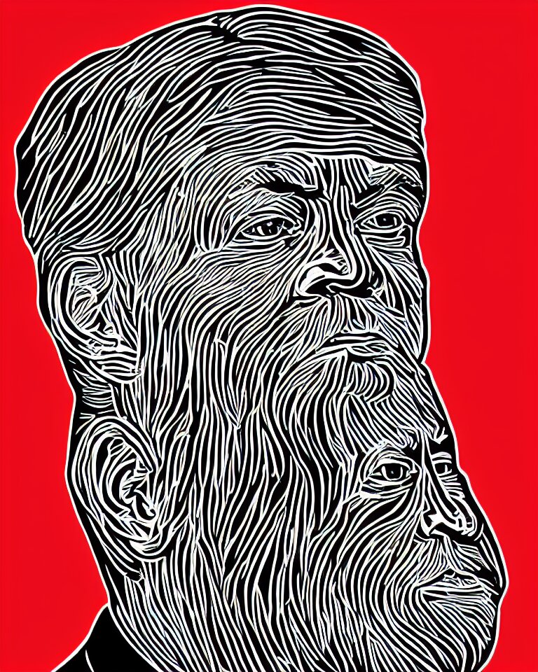 a lifelike linocut engraving of a singular president lula. red, black and white color scheme 