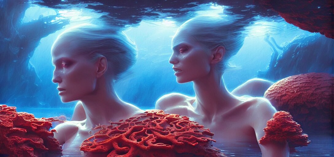 beautiful alien women bathing in luminous water in the style of roger dean and stefan kostic, realistic, photoreal, sharp focus, 8 k high definition, insanely detailed, intricate, elegant, art by greg rutkowski and artgerm, extreme blur coral reef background 