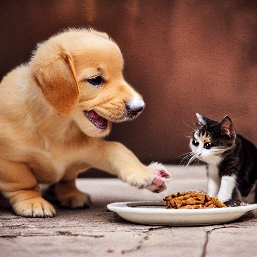 photography of a puppie giving some food to baby cat, animal photography, cinematic, award winning photography by Leonardo Espina