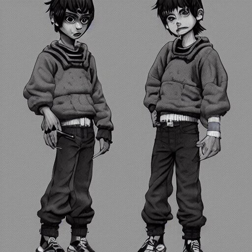 rpg character concept art, twin brothers being cute and gangsta, intricate detail, in the style of Jamie Hewlett, Killian Eng, Kawase Hasui, and Riyoko Ikeda, 3 d render, artstation trending, 8 k, octane render, photorealistic, sharp detail, manga, black and white. Add shading and color