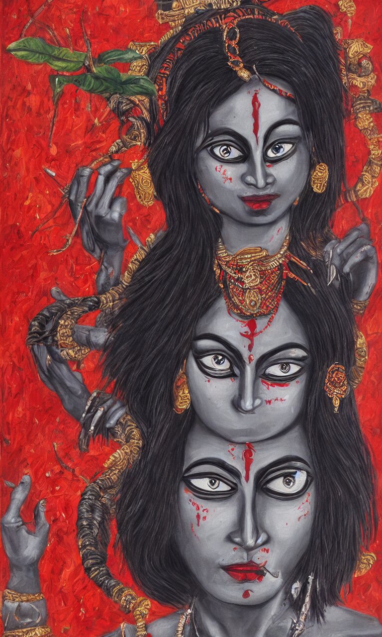 Goddess Kali, flowing hair, intense stare, angry smile, portrait, realistic oil painting, with fire and brimstone added. Add fire and brimstone