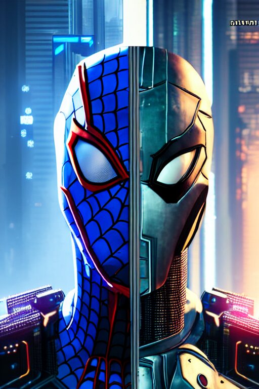 futuristic portrait art of an armored cyberpunk spiderman, futuristic style spiderman, cyberpunk, game screenshot from cyberpunk 2 0 7 7 