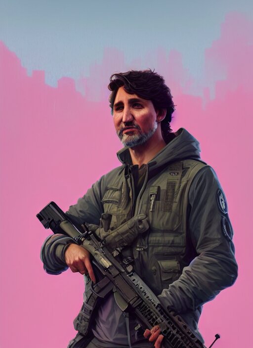 highly detailed portrait justin trudeau in pink hoody holding ar - 1 5! in gta v stephen bliss unreal engine fantasy art by greg rutkowski loish rhads ferdinand knab makoto shinkai lois van baarle ilya kuvshinov rossdraws tom bagshaw global illumination radiant light detailed intricate environment