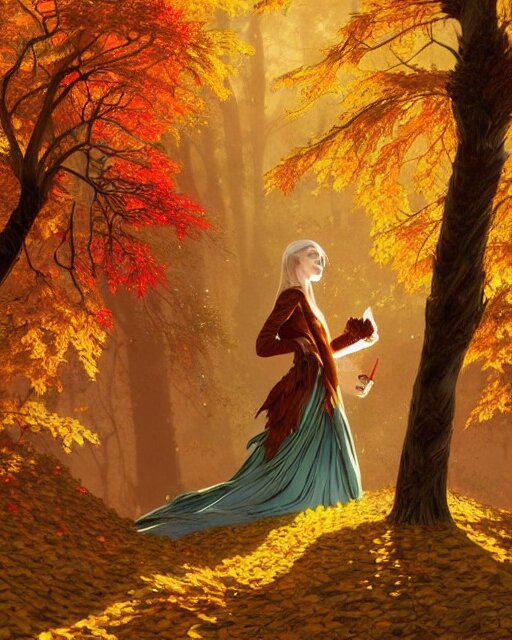 Golden autumn, Spreads out Spreads out the leaves, Colorful leaves are lying on the ground, colorful autumn trees, red-yellow colors, falling leaves, D&D, fantasy, intricate, elegant, highly detailed, digital painting, artstation, concept art, matte, sharp focus, illustration, art by Artgerm and Greg Rutkowski and Alphonse Mucha, masterpiece, stunning, artstation