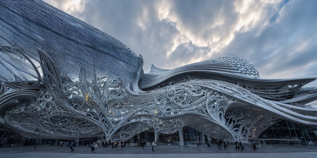 Parametric Museumexterior  in the style of Zaha Hadi - curve lines around the building, patterns on the facade