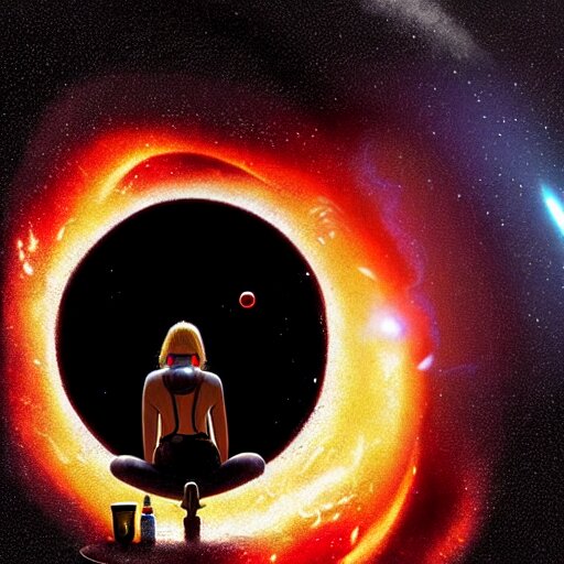 a girl drinking beer in center of supermassive black hole, detailed photo by greg rutkowski. 