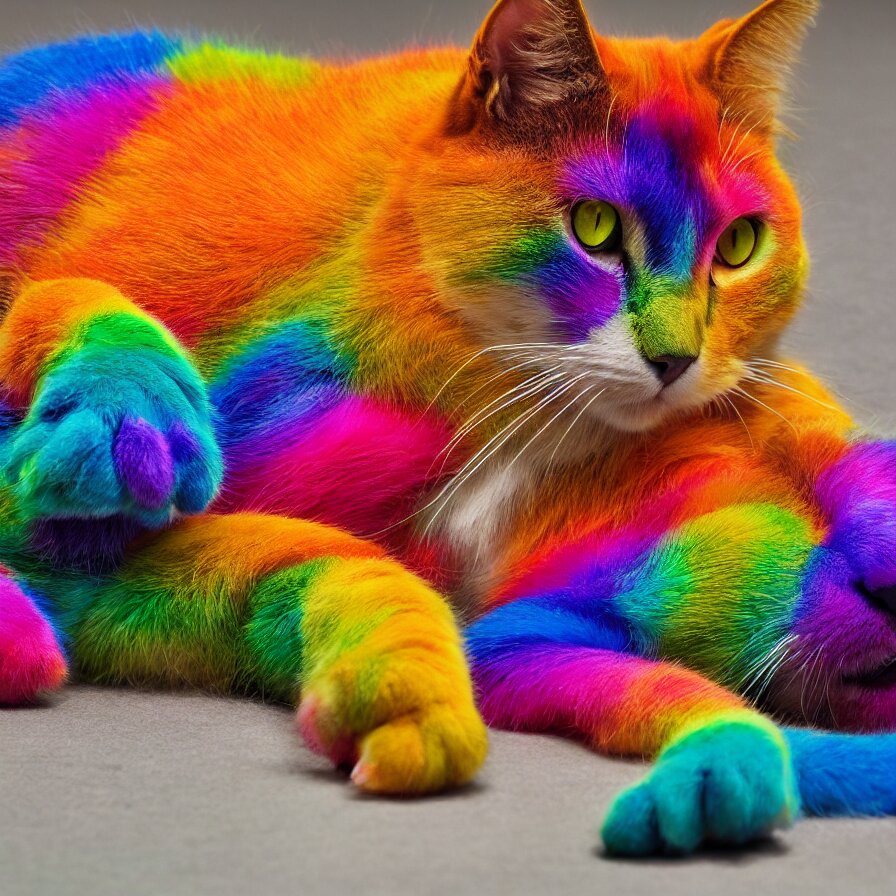 a Rainbow kitty Sits and Relaxes on the Floor, Ultra Realistic, 8K. blur background and make it a gradient