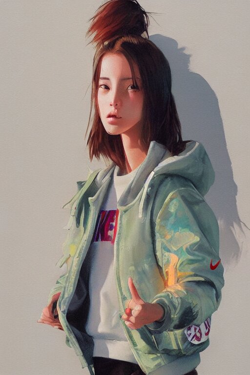 a ultradetailed beautiful panting of a stylish girl doing the peace sign, she is wearing an oversized nike jacket, oil painting, by ilya kuvshinov, greg rutkowski, conrad roset and makoto shinkai