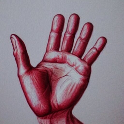 hyper realistic drawing of a grotesque human hand, five fingers, abnormal, anatomical incorrect. MAKE HAND DARK RED