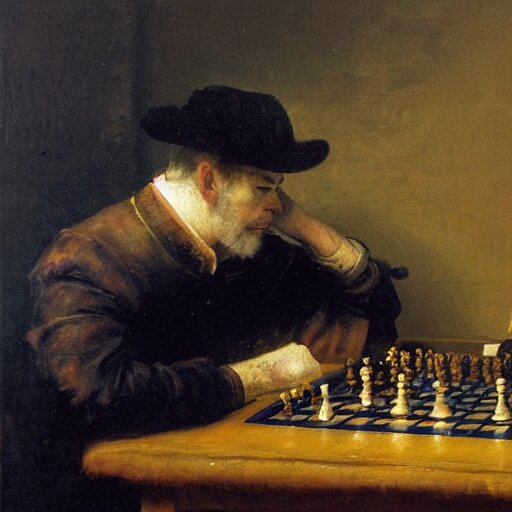 Kasparov plays against chess computer DeepBlue , oil painting by Rembrandt