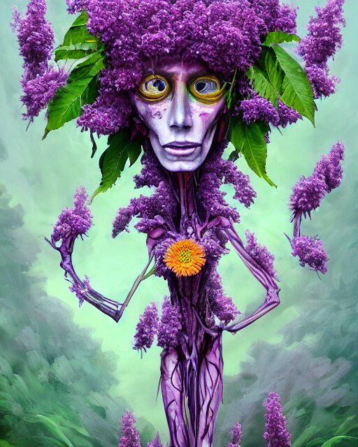 Haunting, horrifying, detailed painting of a tall, skinny, extraterrestrial flower monster made of lilacs, roses, lilies, and daffodils. With a light leak, spectrum, and bloodshot eyeballs, this is an edgy, dark, and horror themed edit. It is trending on Artstation. edgy, dark, and horror themed edit, with a supernatural twist.