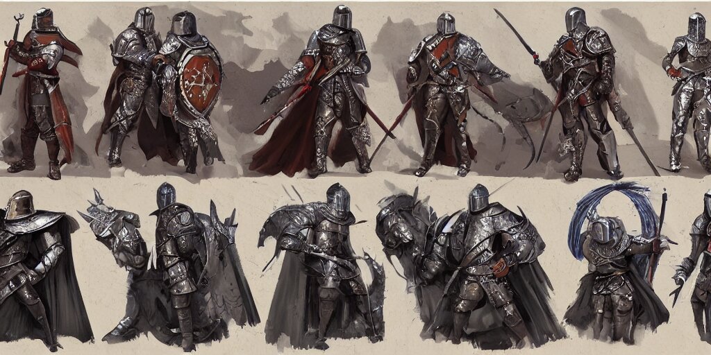 different views medieval knights, intricate!! concept art by senior character artist, trending on artstation, full body character design