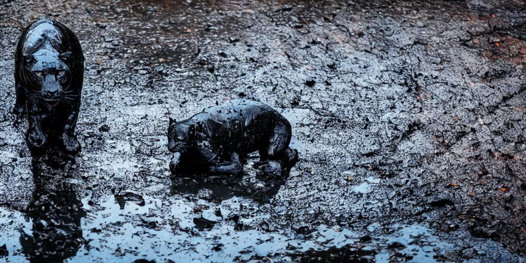 the smooth black jaguar, made of smooth black goo, bathing in the tar moat in the zoo exhibit, viscous, sticky, full of tar, covered with black goo, splattered tar, dripping tar, dripping goo, splattered goo, sticky tar. photography, dslr, reflections, black goo, zoo, exhibit 