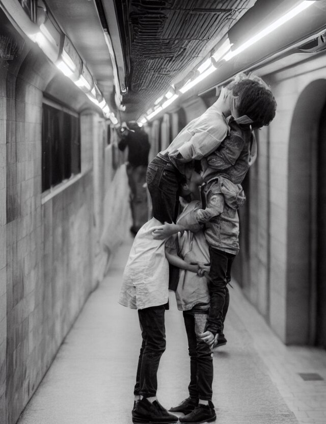 couple of boy and girl kiss in a subway underground, radiates strong aura light, wide angle polaroid photograph with flash, kodak film stock, hyper real, stunning moody cinematography, with anamorphic lenses, by maripol, detailed 