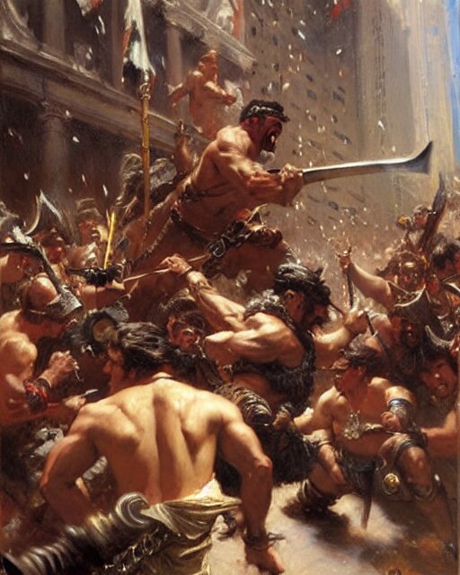 a fierce barbarian yelling at stock brokers on wall street, painting by gaston bussiere, craig mullins, j. c. leyendecker