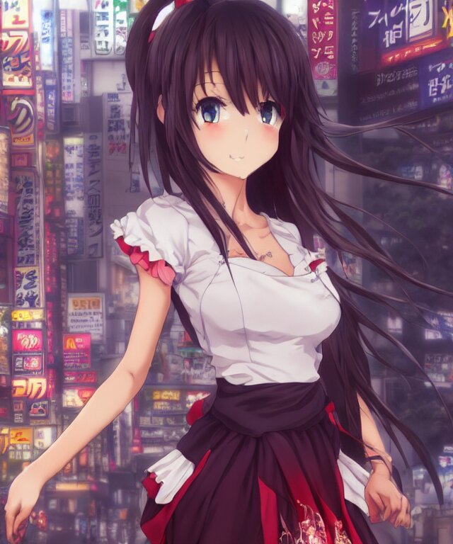 anime maid with flyers in akihabara by charlie bowater and titian and artgerm, full - body portrait, intricate, face, tokyo akihabara street cityscape, elegant, beautiful, highly detailed, dramatic lighting, sharp focus, trending on artstation, artstationhd, artstationhq, unreal engine, 4 k, 8 k