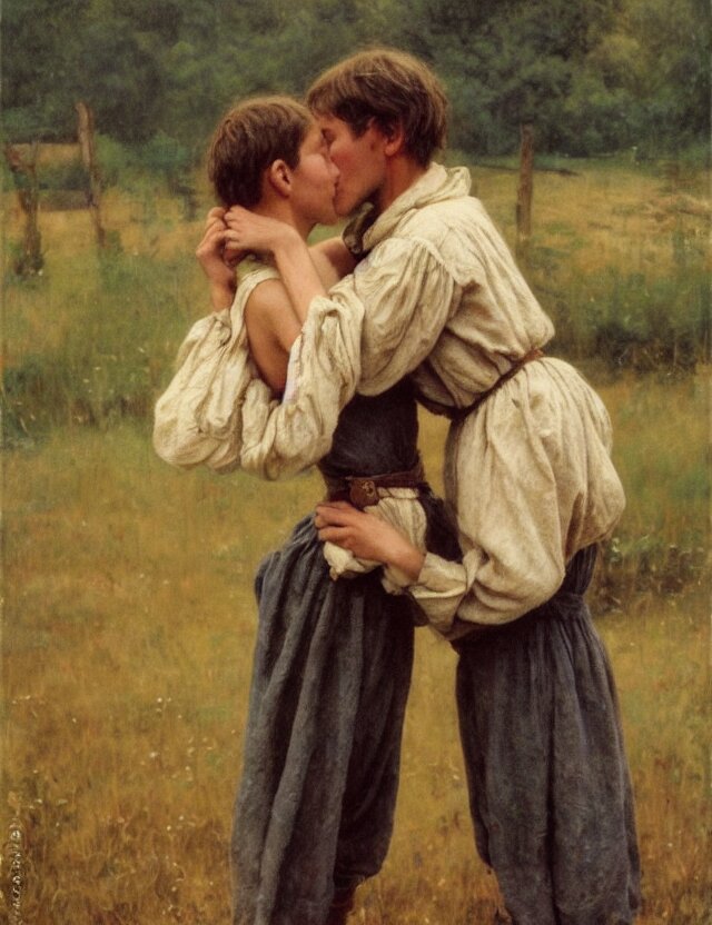 peasant boy and girl first kiss, on a village, Cinematic focus, Polaroid photo, vintage, neutral colors, soft lights, foggy, by Steve Hanks, by Serov Valentin, by lisa yuskavage, by Andrei Tarkovsky 8k render, detailed, oil on canvas