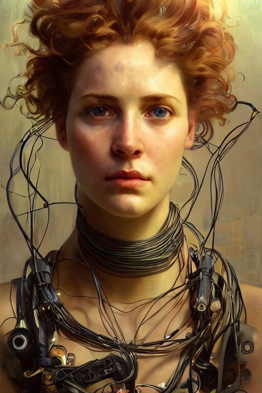 a painting of a cyborg with red hair, a hyperrealistic painting, a character portrait by brad kunkle, by by odd nerdrum, featured on cg society, pre - raphaelitism, figurative art, pre - raphaelite, apocalypse art, dystopian art, digital painting