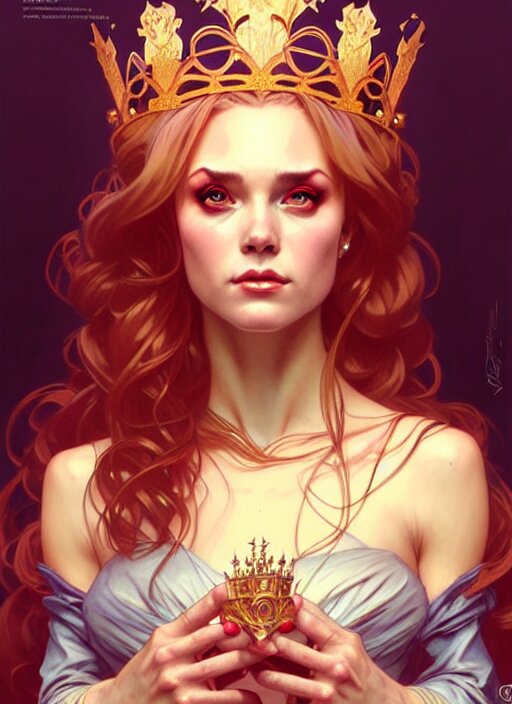 rolyatistaylor as queen, incredibly detailed face, pretty face, light dress, true anatomy, art by artgerm and greg rutkowski and alphonse mucha