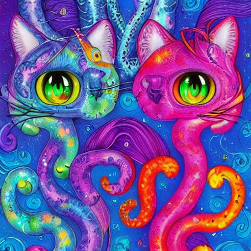 cat seahorse shapeshifter, long haired humanoid fursona, detailed painterly digital art by lisa frank and louis wain, furaffinity, trending on deviantart