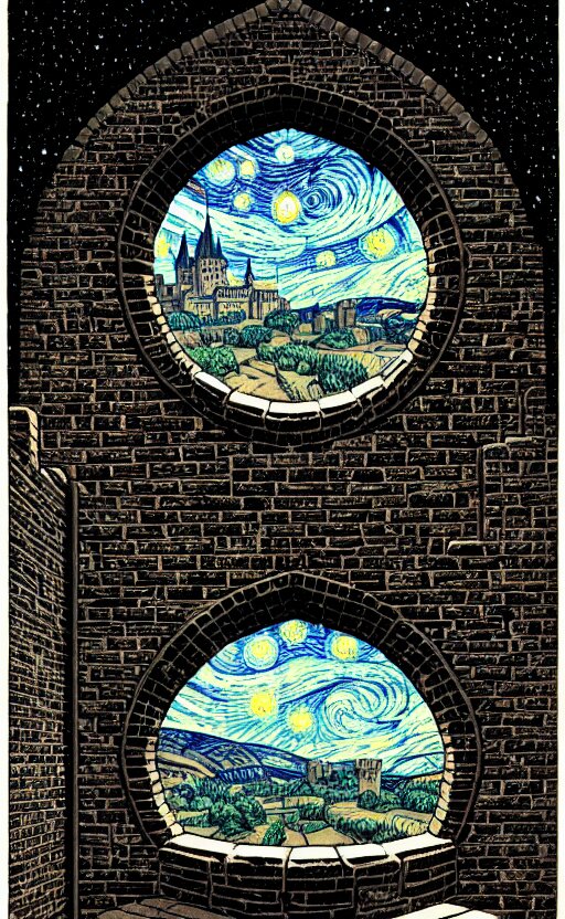 stone brick wall inside of a castle, round window looking out to the starry night sky laboratory, high details, intricately detailed, by vincent di fate, inking, 3 color screen print, masterpiece, trending on artstation,, sharp, details, hyper - detailed, hd, 4 k, 8 k