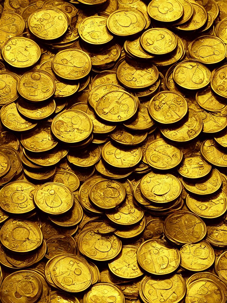 piles of golden coins by disney concept artists, blunt borders, rule of thirds, glowing, shiny, sketch