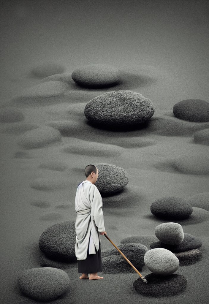 portrait of a lone monk raking stones in a beautiful serene zen garden kyoto, japan, a collage painting, in the style of wes anderson, lola dupre, david hockney, isolated on negative white space background dark monochrome fluorescent neon spraypaint accents volumetric octane render 