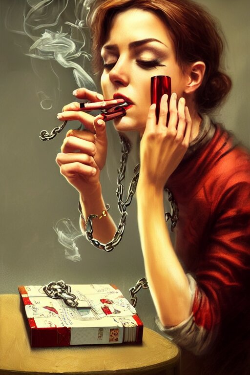 beutifull and very tired womanlooking at a beautiful and detailed pile of smoking drugs, cigars, and winebottle boxes, fantasy, intricate, elegant, highly detailed, digital painting, Ilja Repin artstation, concept art, addiction, chains, smooth, sharp focus, illustration, art. Add a layer of drugs and cigars to the table