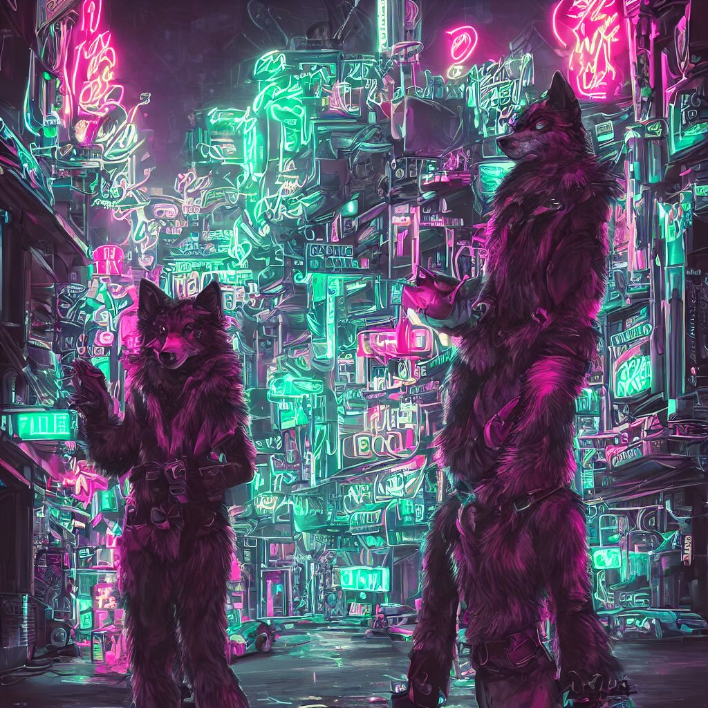 beautiful furry art portrait commission of a androgynous furry anthro cat fursona both wearing punk clothes in the streets of a cyberpunk city. neon signs.