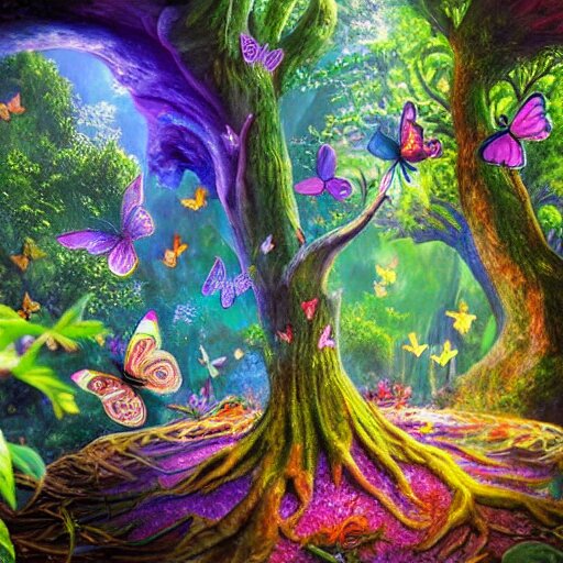 butterflies flying up to a giant magic tree in a magic cave with lot of mystic vegetation, overdetailed art, realistic, colorfull