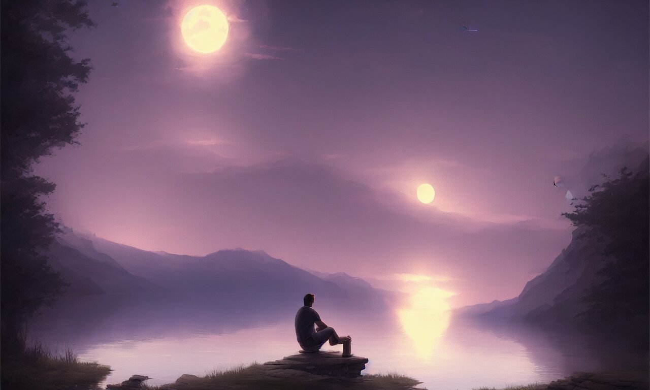 a man siting looking at the moonlight in front of the lake, trending on artstation, by jordan grimmer, huge scene, reduced framerate and glowing moon - Art Greg Rutkowski, Grass & Lake. reduce the framerate and make the moon glow